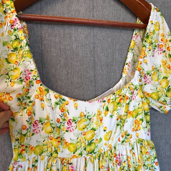 Lavender Brown Lemon Print Square Neck Puff Sleeve Empire Waist Long Midi Dress - Picture 10 of 14